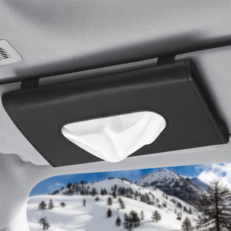 ALPENKOK Car Tissue Holder - Durable Tissue Holder in Car with Ergonomic Take-Out Port, Easy Access PU Leather Design (9.1" L x 1.5" W x 4.7" H) - Refillable Tissues Organizer Attached with Metal Clips - Image 1